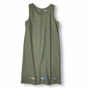 Linen Blend Embroidered Dress 2X Leslie Fay Floral Sleeveless Maxi Green